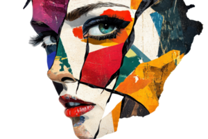 Vibrant abstract portrait of a woman's face with colorful geometric shapes, blending art and emotion in a striking visual composition. png