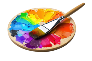 Vibrant artist palette featuring a spectrum of colors with a paintbrush. Ideal for creative projects and design inspiration. png
