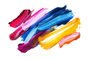 Vibrant brush strokes of red, pink, blue, yellow, and orange paint create a dynamic and colorful abstract composition on transparent background. png