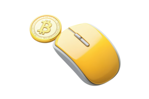 Yellow computer mouse paired with Bitcoin symbol, representing the concept of cryptocurrency and online transactions. Modern finance. png