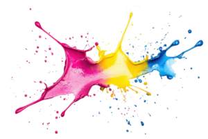 Vibrant splash of pink, yellow, and blue paint on transparent background. Dynamic energy, creativity, and color expression in abstract form. png