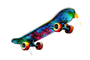 Vibrant graffiti skateboard with colorful design and red wheels, showcasing dynamic street art and urban style in motion and creativity. png