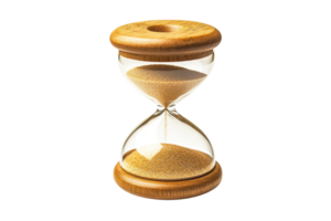 Wooden hourglass with flowing sand isolated on transparent background. symbolizing time management, deadline concept, and passage of time. png