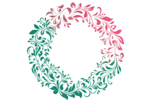 Vibrant ornamental wreath with gradient colors, perfect for festive occasions or decor. Intricate floral pattern adds elegance and charm. png