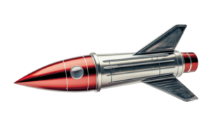 Vintage toy metal rocket ship with red and silver coloring isolated on transparent background. representing retro space exploration and nostalgia. png