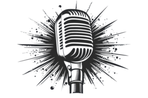 Vintage microphone with a dynamic burst of sound waves, symbolizing music, broadcasting, and retro style. Ideal for audio-themed projects. png
