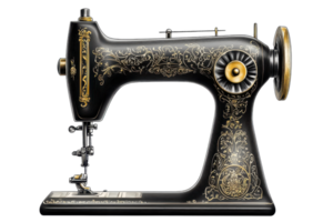 Vintage black sewing machine with intricate golden details, isolated on a transparent background. Perfect for crafting and fashion projects. png