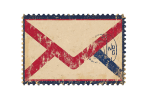 Vintage envelope with red and blue airmail design, featuring a nostalgic worn look and postmark detail, ideal for retro-themed projects. png