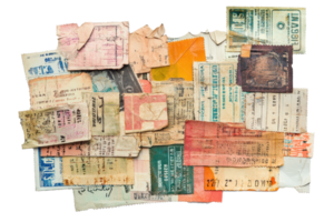 Vintage collection of old tickets and stubs, showcasing history and nostalgia with colorful paper artifacts from different events. png