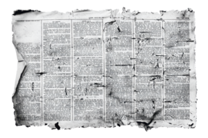Vintage torn newspaper page with black text, showing signs of wear and age, isolated on transparent background. Perfect for nostalgic themes. png
