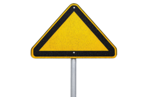 Yellow triangular road sign with metal pole, isolated on transparent background. Ideal for traffic, safety, and warning concepts. png