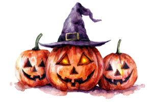 Watercolor painting of three jack-o'-lanterns with carved faces and a witch hat, perfect for Halloween decoration and design ideas. png