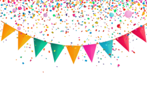Vibrant festive bunting and colorful confetti create a joyful atmosphere, perfect for celebrations and parties with a cheerful touch. png