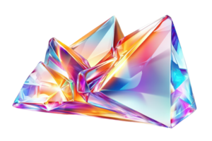 Vibrant geometric crystal with reflective surfaces. Abstract, colorful polygonal shape with illuminating light and angles. png