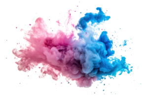 Vibrant explosion of pink and blue colored powders creating a dynamic, artistic cloud effect with abstract swirls on a transparent background. png