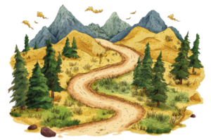 Winding dirt path through a pine forest and rugged mountains, capturing the essence of nature's tranquility and adventure. png