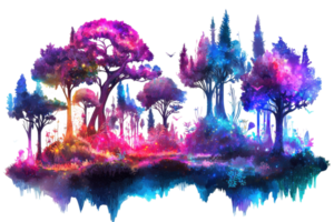 Vibrant fantasy forest with glowing magical trees and colorful ethereal lights creating a surreal and enchanting landscape. png