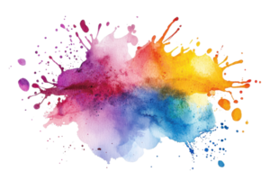 Vibrant, colorful paint splash blending shades of blue, red, yellow, and purple creating a dynamic artistic abstract background. png