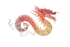 Vibrant illustration of a colorful dragon with intricate details and a fiery gradient, symbolizing strength and power in mythology. png