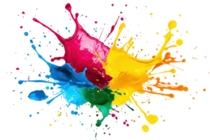 Vibrant paint splashes in blue, red, yellow, and green create an energetic and dynamic explosion of color on a transparent background. png