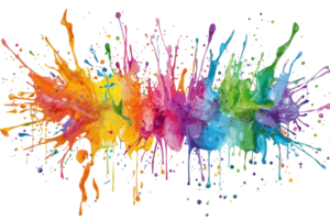 Vibrant paint splashes in rainbow colors create a dynamic and energetic abstract design, ideal for artistic backgrounds or creative projects. png