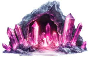 Vibrant pink crystals in a mystical cave setting, shining with an ethereal glow, creating a magical and enchanting atmosphere. png
