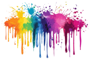Vibrant rainbow paint splatters creating a colorful, abstract artistic design. Perfect for creative backgrounds and graphic art projects. png