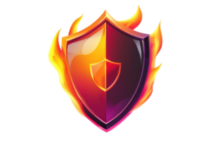 Vibrant shield icon enveloped in flames, symbolizing protection, security, and strength in a dynamic digital design. png