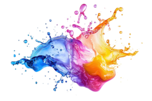 Vibrant splash of colorful paint creating a dynamic visual effect with blue, pink, and yellow tones blending in mid-air on a transparent background. png