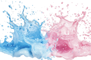 Vibrant splash of blue and pink liquid colliding mid-air, creating an energetic and dynamic visual effect, perfect for creative projects. png