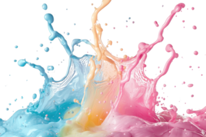 Vibrant splashes of colorful liquid in motion, creating an energetic and dynamic display of fluid art with pink, blue, and orange tones. png
