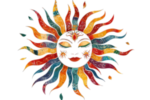 Vibrant sun design with colorful, artistic rays and a serene face, perfect for adding a touch of creativity and warmth to any project. png
