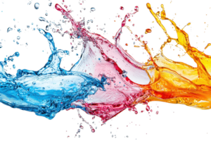 Vibrant splashes of blue, red, and yellow paint merge in an energetic display of color, showcasing dynamic motion and creative expression. png