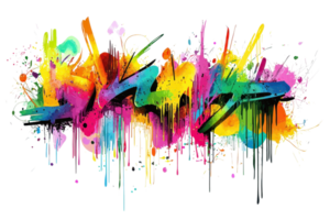 Vibrant urban graffiti art with bright, dripping paint strokes blending into a stunning, colorful abstract masterpiece on a transparent background. png