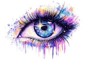 Vibrant watercolor eye illustration with splashes of color, capturing creativity and artistic expression in a delicate, dreamlike style. png