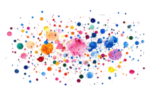 Vibrant watercolor splash artwork featuring a dynamic array of colorful dots, perfect for creative projects and abstract designs. png