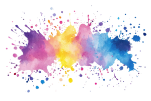 Vibrant watercolor splash with a mix of pink, yellow, and blue hues creating a dynamic abstract background. Ideal for creative designs. png