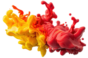 Vibrant yellow and red paint splashes collide in mid-air, creating a dynamic and colorful abstract design full of energy and creativity. png