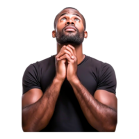 Man with Strong Build Praying with Hopeful Expression in Studio Light png