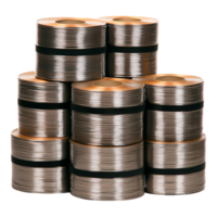 Stacked Rolls of Metallic Wire Coils with Golden Ends in Workshop png