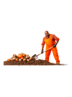 Farmer Digging Soil with Fresh Vegetables and Happy Expression png