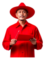 Man in Red Suit Holding Red Paper and Looking Thoughtfully Ahead png