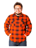 Happy Man in Flannel Shirt Smiling with Confidence and Style png