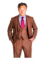 Confident Man in Stylish Brown Suit with Red Tie and Unique Expression png