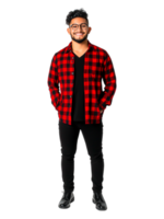 Smiling Young Man in Red and Black Checkered Shirt Posing Confidently png