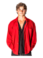 Young Man in Red Jacket with Confident Pose in Studio Lighting png