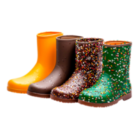 Colorful rubber boots arranged in a row with playful patterns png