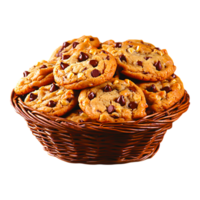 Freshly Baked Chocolate Chip Cookies in a Rustic Basket png