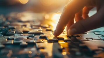 A person placing a piece of puzzle on a table photo