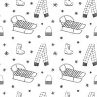 Hand drawn sled and winter clothes seamless pattern vector